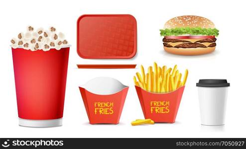 3D Fast Food Vector. Tasty Burger, Hamburger, Fries, Soda, Coffee, Paper Cup, Tray Salver, Popcorn. Isolated Illustration. Realistic Fast Food Icons Set Vector. French Fries, Coffee, Hamburger, Cola, Tray Salver, Popcorn Isolated Illustration