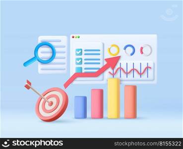 3D Financial report chart, SEO Optimization, web analytics and seo marketing concept. 3d rendering. Vector illustration. 3D SEO Optimization,
