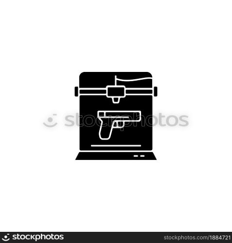 3d firearms printing black glyph icon. 3d printable gun fabrication. Weapon manufacture. Military application. Additive manufacturing. Silhouette symbol on white space. Vector isolated illustration. 3d firearms printing black glyph icon