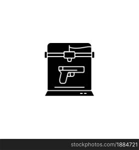 3d firearms printing black glyph icon. 3d printable gun fabrication. Weapon manufacture. Military application. Additive manufacturing. Silhouette symbol on white space. Vector isolated illustration. 3d firearms printing black glyph icon