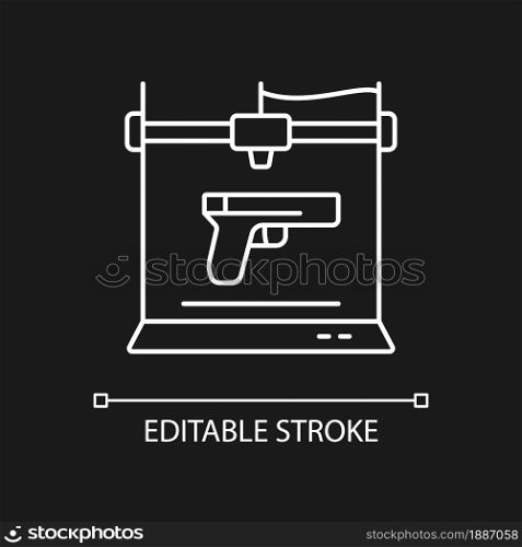 3d firearms printing white linear icon for dark theme. 3d gun fabrication. Weapon manufacture. Thin line customizable illustration. Isolated vector contour symbol for night mode. Editable stroke. 3d firearms printing white linear icon for dark theme