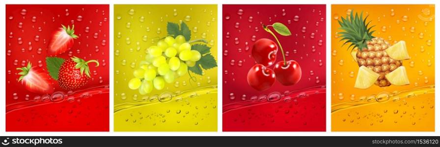 3d fresh fruits. Fresh fruits juice splashing together- pineapple, strawberry, cherry juice drink splashing. Vector illustration