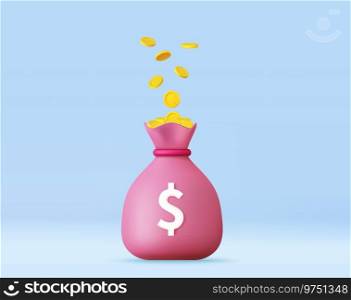3d Full money bag with dollar icon. Concept of cash, interest rate, business and finance, return on investment, 3d rendering. Vector illustration. 3d Full money bag with dollar icon.