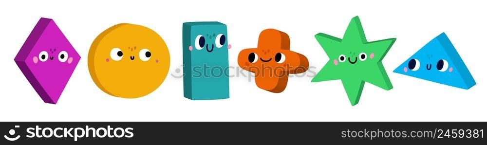 3D geometric shapes emotions. Basic cute draw figures. Cartoon kids educational smiling characters. Isolated abstract squares and rounds with funny faces. Vector happy polygonal color baby objects set. 3D geometric shapes emotions. Basic cute draw figures. Cartoon educational smiling characters. Isolated abstract squares and rounds with funny faces. Vector happy polygonal baby objects set