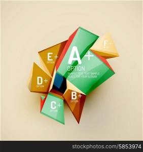 3d geometric shapes with sample text. Abstract template with place for text or infographic options. Triangles, squares, cubes, rectangles in glossy style. Vector illustration.