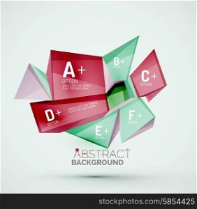 3d geometric shapes with sample text. Abstract template with place for text or infographic options. Triangles, squares, cubes, rectangles in glossy style. Vector illustration.