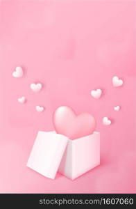 3D gift box with heart flying on pink background. Love concept design for happy valentine’s day. Poster and greeting card template. Vector art illustration.