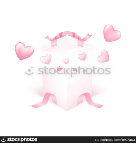 3D gift box with heart flying on pink background. Love concept design for happy valentine’s day. Poster and greeting card template. Vector art illustration.