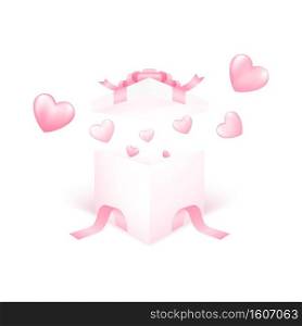 3D gift box with heart flying on pink background. Love concept design for happy valentine&rsquo;s day. Poster and greeting card template. Vector art illustration.