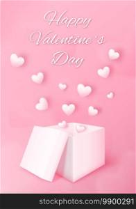 3D gift box with heart flying on pink background. Love concept design for happy valentine’s day. Poster and greeting card template. Vector art illustration.