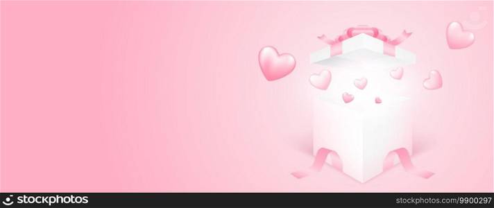 3D gift box with heart flying on pink banner background. Love concept design for happy mother’s day, valentine’s day, birthday day. Paper art illustration.