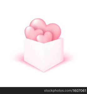 3D gift box with heart on pink background. Love concept design for happy mother’s day, valentine’s day, birthday day. Poster and greeting card template. Vecto art illustration.