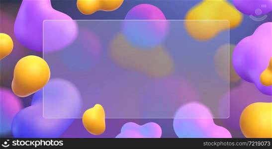 3d glassmorphism background template with blur fluid colorful blobs. Transparent glass morphism banner with abstract shapes vector design. Empty matte border or frame for presentation. 3d glassmorphism background template with blur fluid colorful blobs. Transparent glass morphism banner with abstract shapes vector design