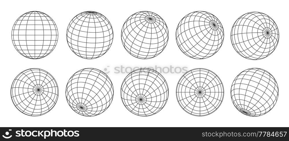 3d globe grid, planet sphere and ball wireframe. Vector Earth globe surface with discrete global grid or mosaic of longitude and latitude meridians and parallels, isolated world map wire frame net. 3d globe grid, planet sphere and ball wireframe