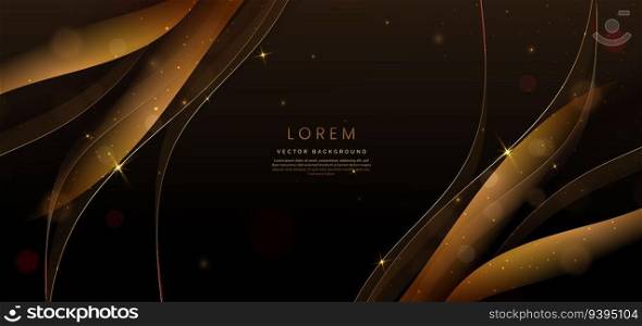3D gold curved golden ribbon on dark brown background with lighting effect and sparkle with copy space for text. Luxury design style. Vector illustration
