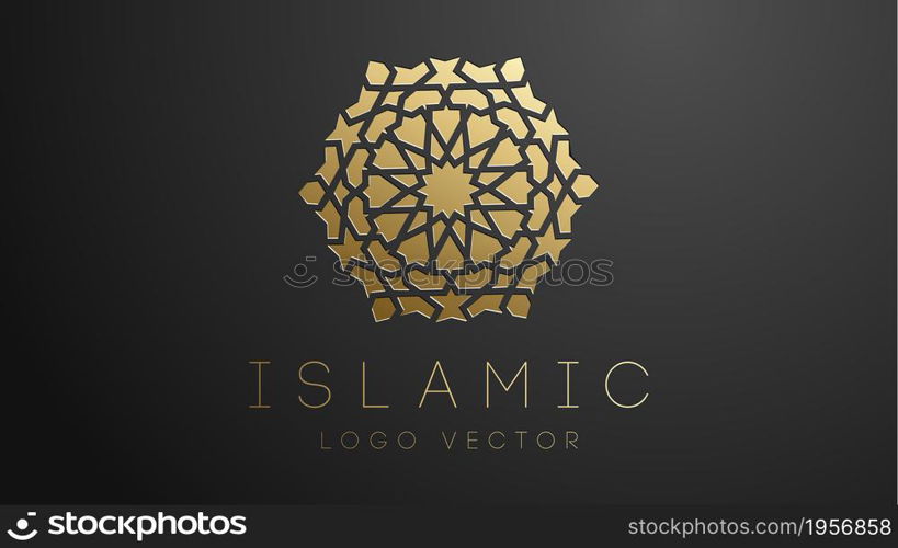 3D Gold Islamic logo. Geometric islamic ornament round mandala.. 3D Gold Islamic logo. Geometric islamic ornament round mandala. Muslim logo EPS 10