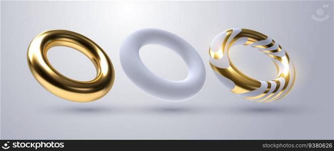 3d golden and white geometric ring shapes collection
