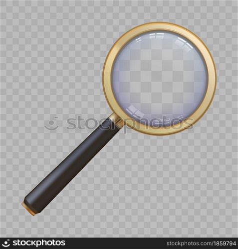 3d golden magnify glass with handle and lens zoom view. Realistic magnifier loupe. Search or analytic with magnifying tool vector concept. Examining, exploring details or doing research