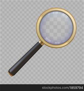 3d golden magnify glass with handle and lens zoom view. Realistic magnifier loupe. Search or analytic with magnifying tool vector concept. Examining, exploring details or doing research