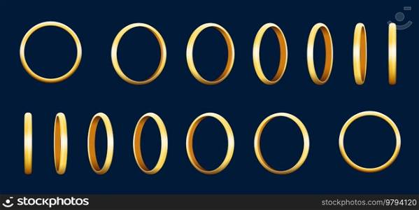 3d golden ring rotate animation, animated game sprite. Gold cartoon vector turning circles ui sequence frame, gui design elements. Yellow glossy assets for user interface, isolated bonus or jewelry. 3d golden ring rotate animation game sprite sheet