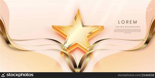 3d golden star with golden ribbon curved on soft rose gold background. Template luxury premium award design. Vector illustration