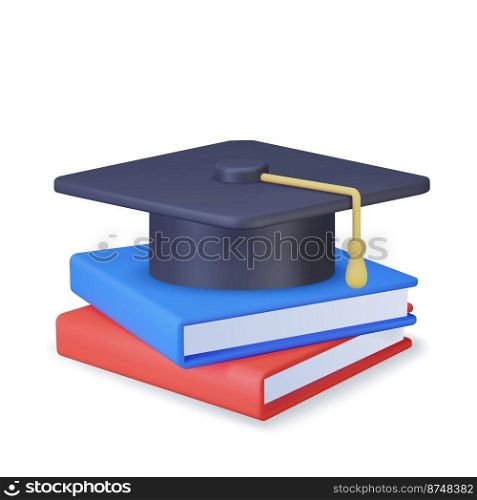 3D graduation cap and book. Education concept. Back to school, banner design template. 3d rendering. Vector illustration. 3D graduation cap and diploma
