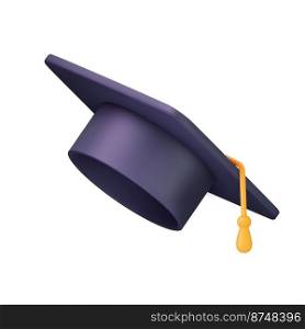 3d Graduation cap icon. High school college university complete. College cap, mortar board. Education, degree ceremony concept. 3d rendering. Vector illustration. 3d Graduation cap icon.