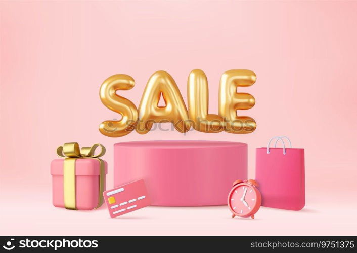 3d Great discount sale banner design. sale word balloon on podium with credit card, shopping bag and gift design elements. 3d rendering. Vector illustration. 3d Great discount sale banner design