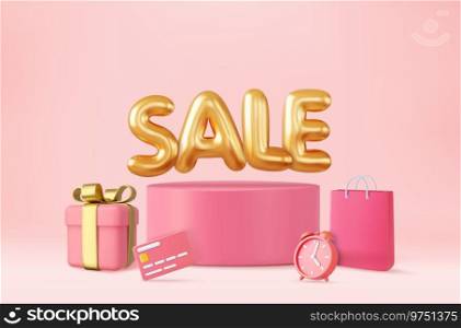 3d Great discount sale banner design. sale word balloon on podium with credit card, shopping bag and gift design elements. 3d rendering. Vector illustration. 3d Great discount sale banner design