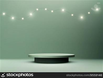 3D green podium stand on a green wall scene, with hanging light bulbs. This mockup can be used to display products in a modern and minimalist way. Vector illustration
