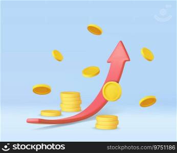 3d growth stock chart with coins investing icon, Excellent investing business graph on background. investment solution . 3d rendering. Vector illustration. 3d growth stock chart with coins investing icon, Uptrend stock market graph