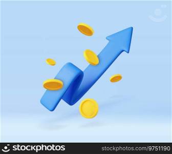 3d growth stock chart with coins investing icon, Excellent investing business graph on background. investment solution . 3d rendering. Vector illustration. 3d growth stock chart with coins investing icon, Uptrend stock market graph