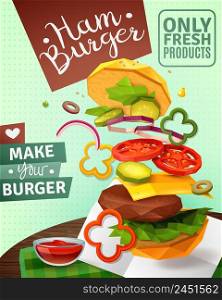 3D hamburger and sauce on brown wooden table, ad poster on green textured background vector illustration. 3D Hamburger AD Poster