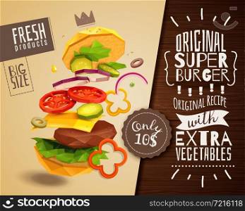 3D hamburger on beige background with beef patty and vegetables, horizontal poster with product advertising vector illustration. 3D Hamburger Horizontal Poster