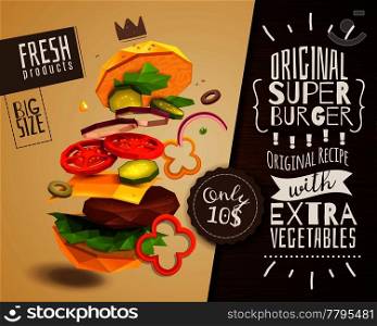 3D hamburger on beige background with beef patty and vegetables, horizontal poster with product advertising vector illustration. 3D Hamburger Horizontal Poster