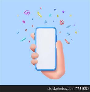 3d hand hold Mobile smart phone with celebratory confetti flying around. Winner concept. 3d rendering. Vector illustration. 3d Mobile smart phone with celebratory confetti