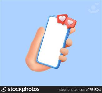3D hand hold Smartphone with Like Icon with Heart. social media online concept, online social communication. design of valentines day wedding. 3D rendering. Vector illustration. 3D Like Icon with Heart and Smartphone