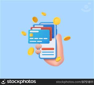 3D Hand holding mobile phone with credit card and money financial security for online shopping with coin. online payment secure with credit card. 3D rendering. Vector illustration. 3D mobile phone with credit card