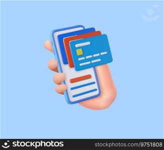 3D Hand holding mobile phone with credit card. financial security for online shopping. online payment credit card with payment protection concept. 3d rendering. Vector illustration.. 3D Hand holding mobile phone with credit card
