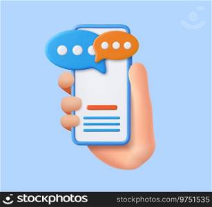 3D Hand holding mobile phone with speech bubble icon with notification new message, social media chat. concept of online talking, conversation, discussion. 3d rendering. Vector illustration. 3D render smartphone with floating chat
