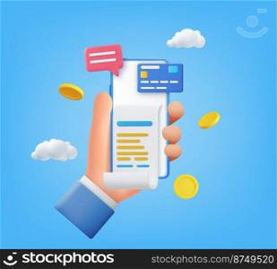 3d Hand holding mobile smart phone with paying bills. 3D bill payment with credit card and financial security for online shopping. Payment of utility, bank, restaurant. Vector illustration.. 3D Hand holding mobile smart phone