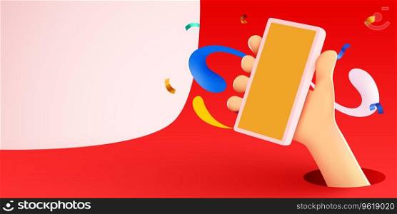 3d hand holding phone. Phone mockup. Color explosion. Touching screen with finger. Vector illustration. 3d hand holding phone. Phone mockup. Color explosion. Touching screen with finger.