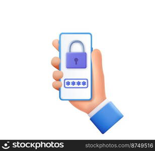 3d hand holding smartphone with padlock and password isolated over white background. Internet security concept. 3d render. Vector illustration. 3d hand holding smartphone