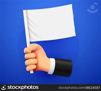 3d hand holding white empty flag. Vector illustration. 3d hand holding white empty flag.