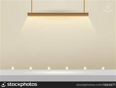 3D hanging lamp modern stage with neon sphere ball minimal scene backdrop. You can use for product display presentation, concert, exhibition, etc. Vector illustration