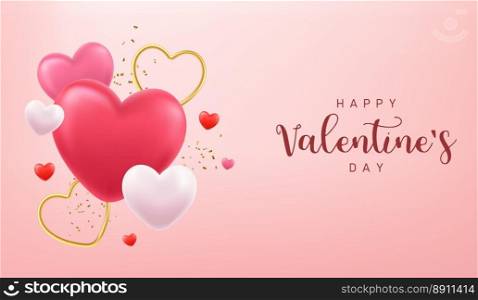 3d Happy Valentines Day banner with red heart balloons, gold metal shapes on pink background. Gift card, love party, invitation voucher design. 3d rendering. Vector illustration. 3d Happy Valentines Day banner