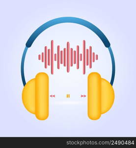 3d headpho≠sound wave, audio listening on white background. Minimal cartoon icon. Vector illustration