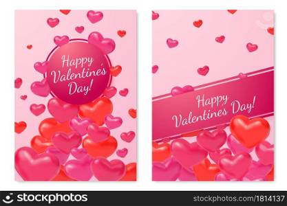 3d hearts cards. Valentine day, love realistic banners. Flying pink red heart, romantic brochure for gift. Promotion party vector poster. Realistic 14 february congratulation banner illustration. 3d hearts cards. Valentine day, love realistic banners. Flying pink red heart, romantic brochure for gift. Promotion party vector poster