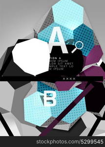 3d hexagon geometric composition, geometric digital abstract background. 3d hexagon geometric composition, geometric digital abstract background. Techno or business presentation template with sample options. Vector illustration