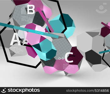 3d hexagon geometric composition, geometric digital abstract background. 3d hexagon geometric composition, geometric digital abstract background. Techno or business presentation template with sample options. Vector illustration